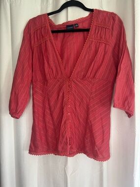 Peach Pink Deep V Neck Corset Button Cotton Top